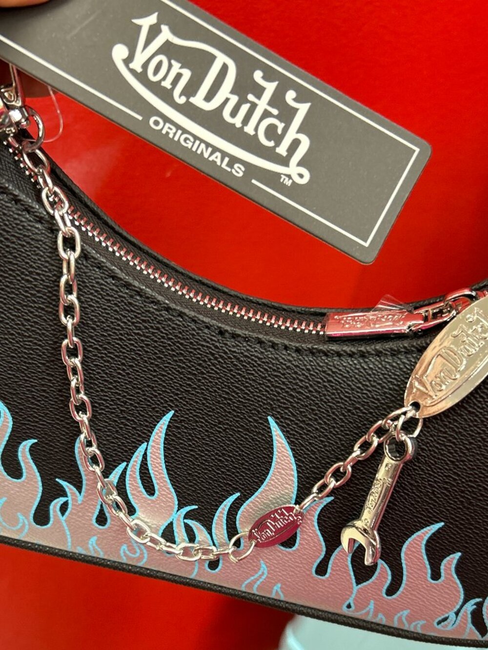 Von Dutch Black Silver Flames Shoulder Bag